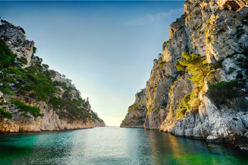 Cassis. Beautiful calanques national park, calanque d'en vau, beautiful sunset. Closed by beautiful hills